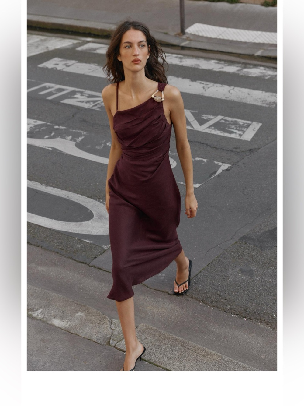 Asymmetric One-Shoulder Linen Midi Dress in Deep Wine